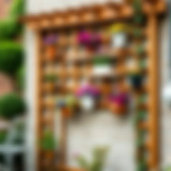 Elegant wooden trellis with hanging flower pots enhancing the garden wall