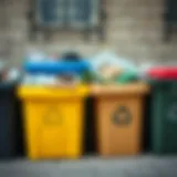 Recycling bins filled with various materials