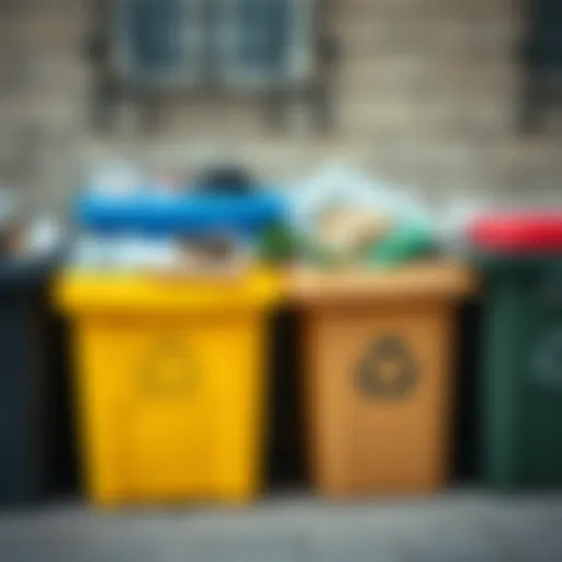 Recycling bins filled with various materials