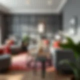 Elegant gray and burgundy seating arrangement with a stylish rug.