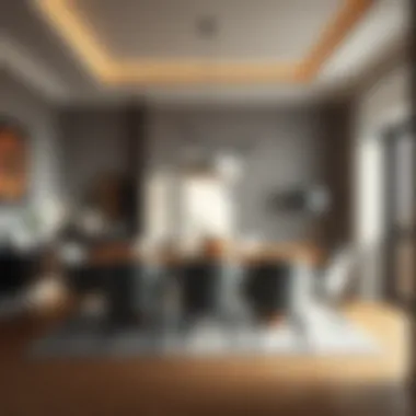 Contemporary dining area with grey upholstered chairs