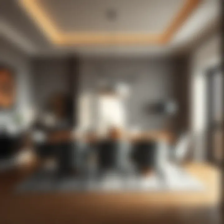 Contemporary dining area with grey upholstered chairs