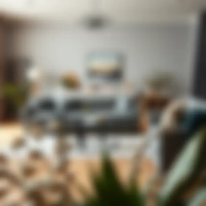 Elegant living room featuring a grey sofa and modern decor