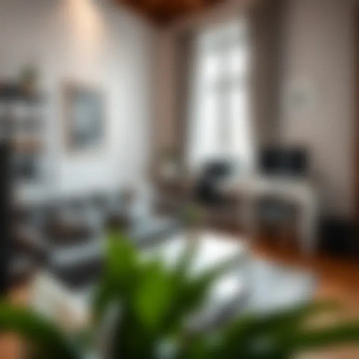 Stylish home office with a grey couch and decorative elements