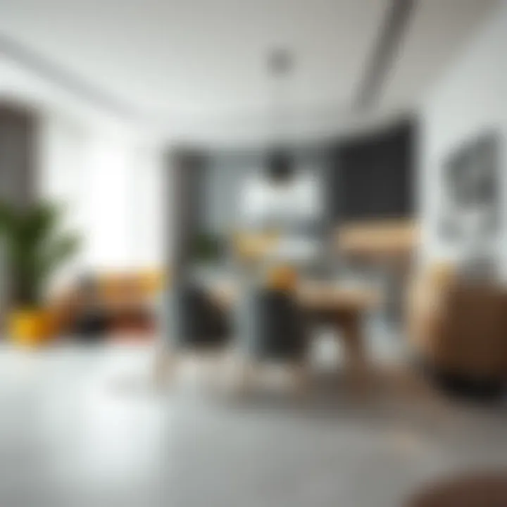 Vibrant Dining Area Design A modern dining area designed with grey and yellow accents for a vibrant atmosphere.