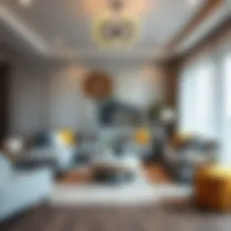 A stylish living room showcasing the harmonious blend of grey and yellow decor.