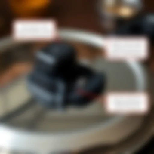 A close-up view of a pressure cooker lid with safety features highlighted