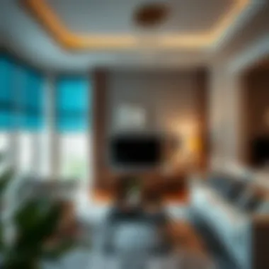 An elegant living room with complementary blind colors enhancing decor