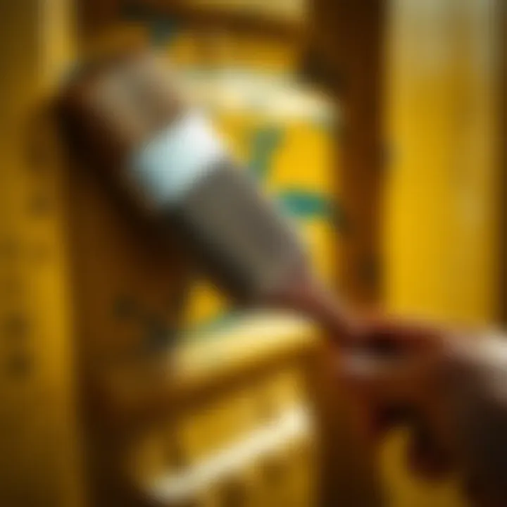 Close-up of a brush applying oil paint on a door