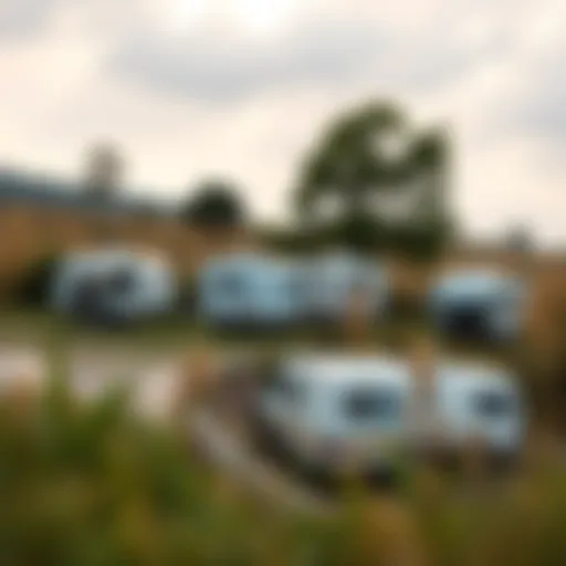 A serene landscape showcasing various types of caravans parked amidst nature.