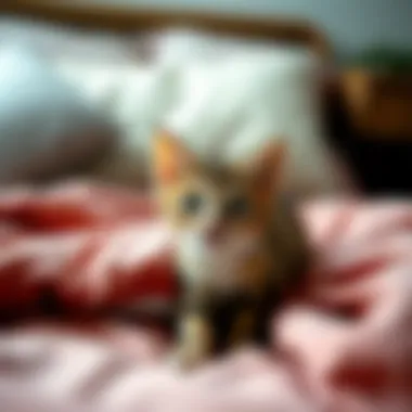 Curiosity of a Cat in a New Bed A curious cat explores its new bed.