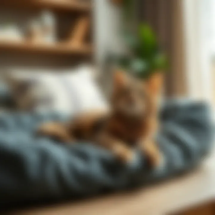 Happy Cat Lounging in a New Bed A cat comfortably lounging in its new bed.