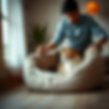 Owner Support for Cat's New Bed A cat owner encouraging their pet to use the new bed.