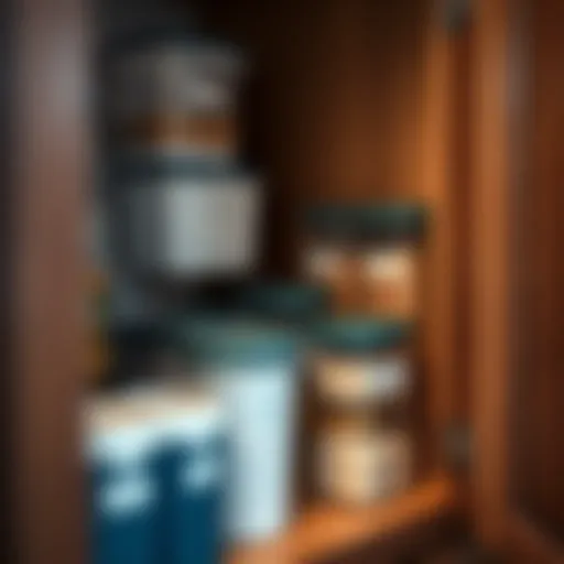 Organized kitchen cabinet with labeled containers