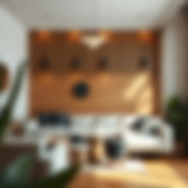 Stylish living room featuring a slat wall for a modern touch