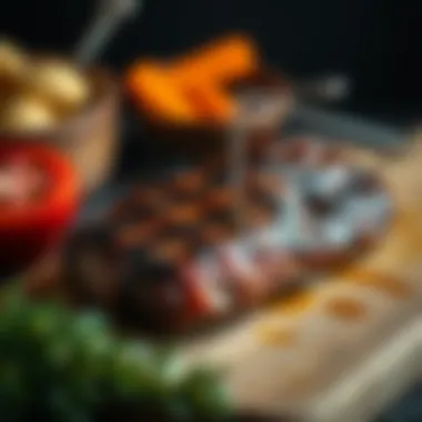 Marinated meat resting on a wooden board