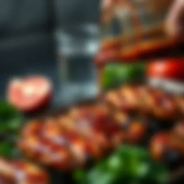 A close-up of a marinade being poured over meat