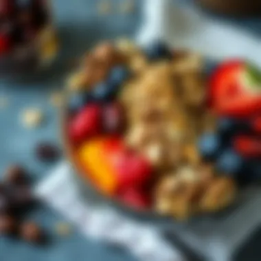 Healthy fruit bowl topped with granola and nuts