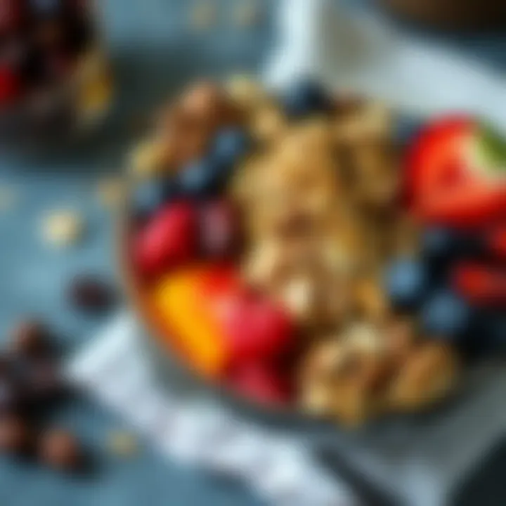 Healthy fruit bowl topped with granola and nuts