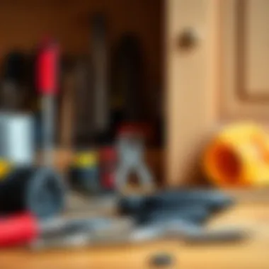 Tools arranged neatly for a cabinet door installation