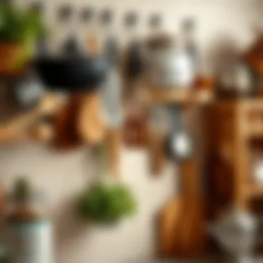 Functional kitchen wall with hanging kitchen tools and spices