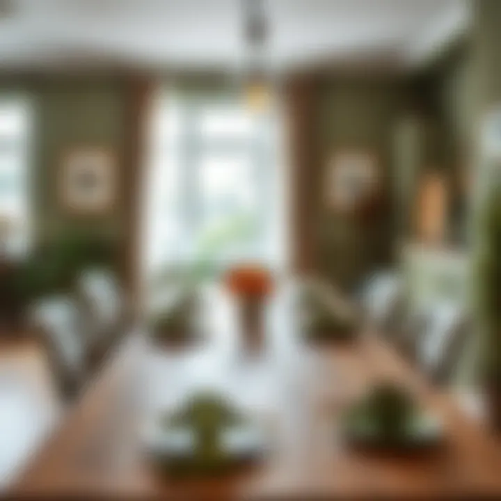 Stylish dining area with olive green table settings