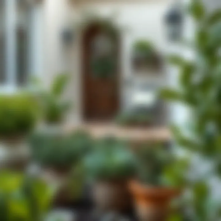 Serene garden with olive green plants and decor