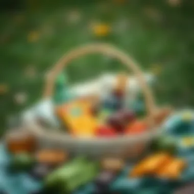 Assorted Picnic Basket A picnic basket filled with assorted snacks and drinks