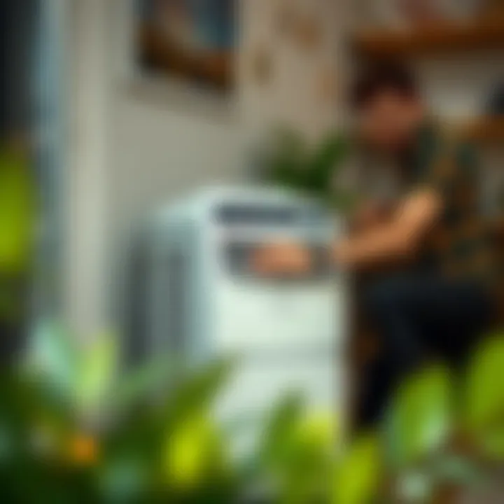 User interacting with a portable air conditioning unit