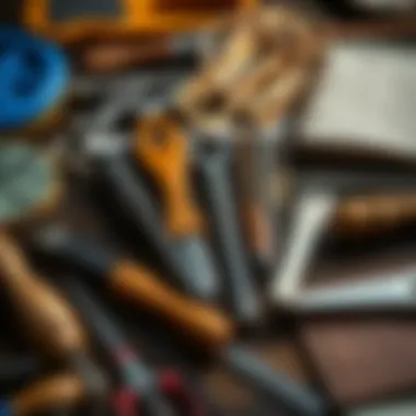 A variety of punch needle tools and materials arranged artistically