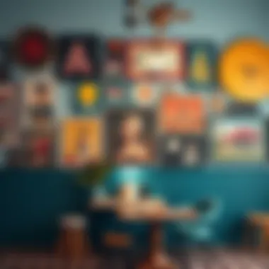 An artistic display of retro artwork and colorful wall designs.