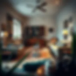 A cozy living room with vintage furniture and retro design elements.