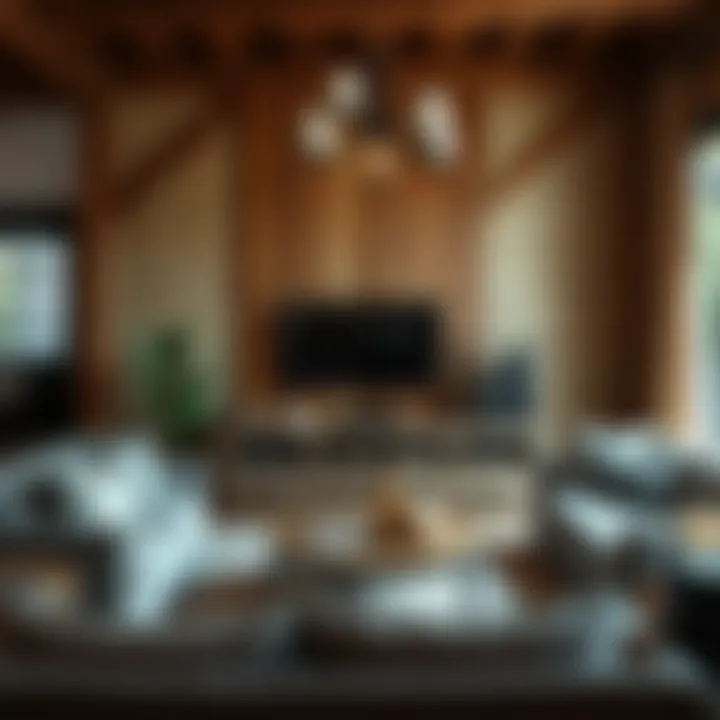 Elegant living room showcasing a rustic TV stand adorned with decorative elements