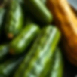 Close-up of cucumbers ready for fermentation showcasing their freshness