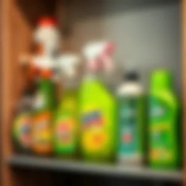 Variety of spray cleaning products arranged on a shelf