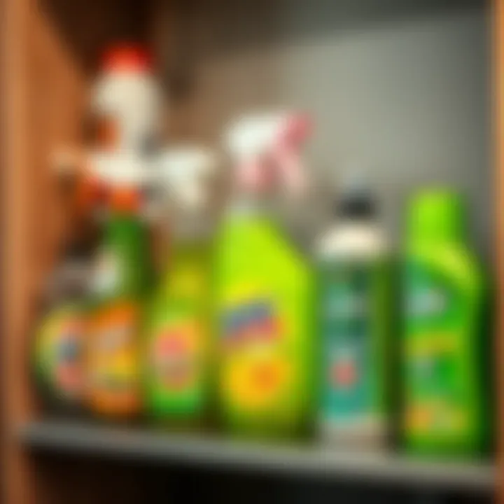 Variety of spray cleaning products arranged on a shelf