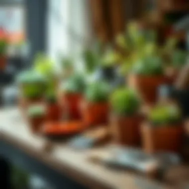 Essential tools for planting succulents displayed on a table