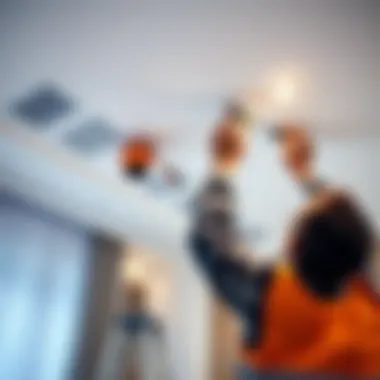 A professional installation of a suspended ceiling in progress