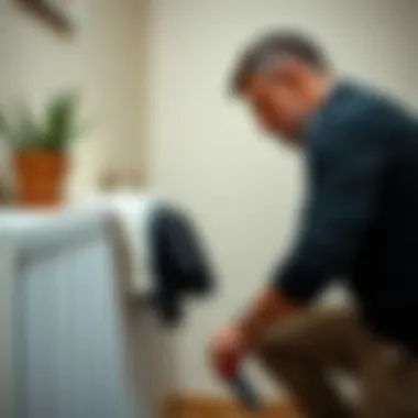 Homeowner Focused on Radiator Cleaning Task A homeowner engaging in radiator cleaning with concentration