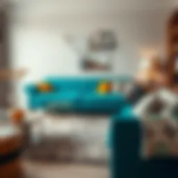 Elegant turquoise sofa with a stylish rug