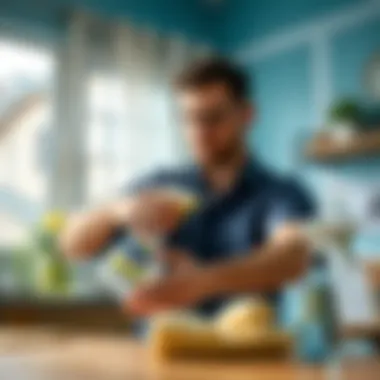 A person applying a cleaning solution on a shirt