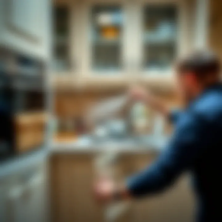 A person applying a cleaning solution to kitchen cabinet doors