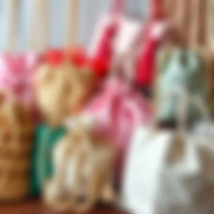 Diverse Styles of Paper Rope Bags An artistic arrangement of various paper rope bags in different styles and colors.