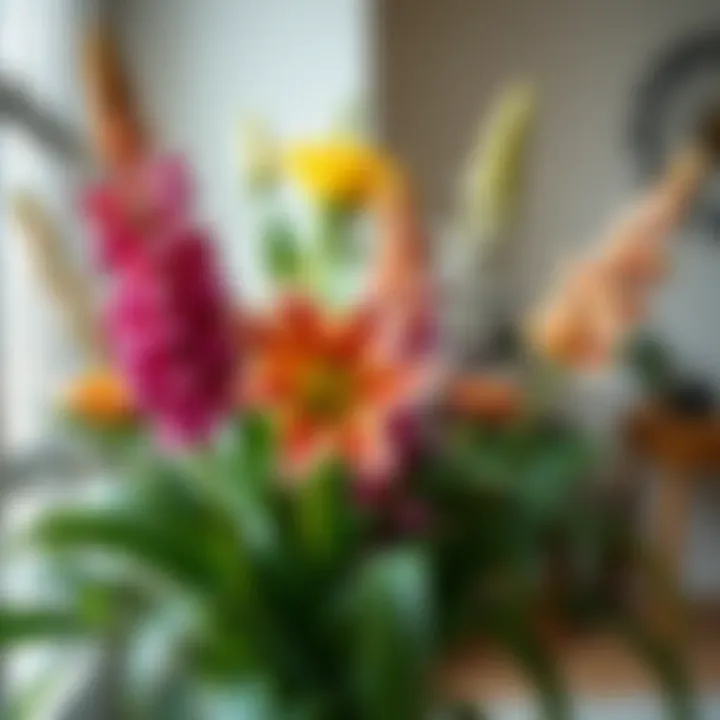 Various species of long-leaf flowers arranged aesthetically indoors