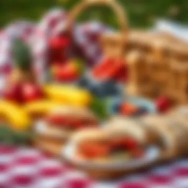 Delicious Picnic Spread A vibrant picnic spread with fresh fruits and sandwiches