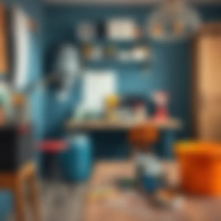 A well-organized workspace with tools and paint materials