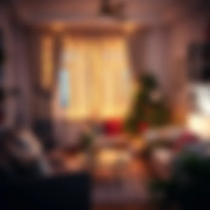 A cozy living room adorned with holiday lights and cheerful decorations