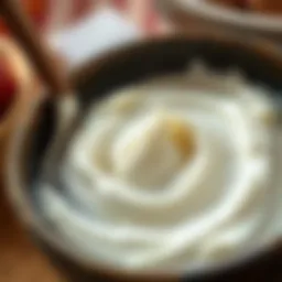 A close-up of creamy yogurt in a bowl, showcasing its texture
