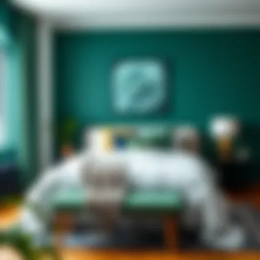 Beautiful Bedroom Interior with Emerald Green and Navy Blue Textiles Beautiful bedroom interior using emerald green and navy blue textiles