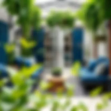 Charming Outdoor Space with Emerald Green Plants and Navy Blue Furnishings Charming outdoor space enhanced by emerald green plants and navy blue furnishings